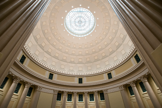 An interior view looking up into MIT's Great Dome.